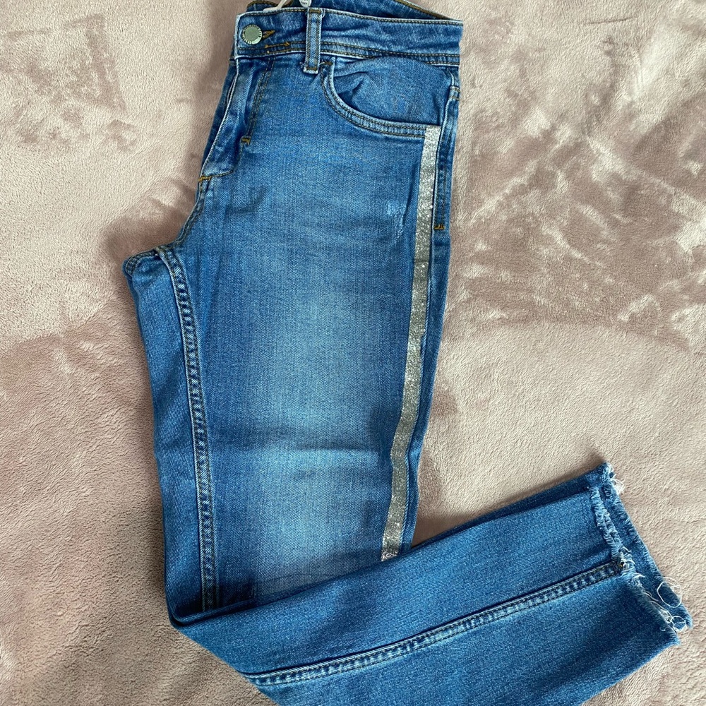 ZARA Z1975 blue jeans, shiny silver side stripes